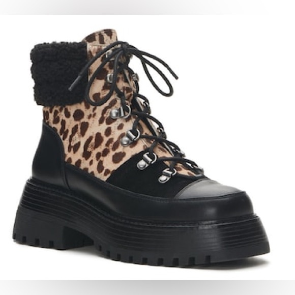 Vince Camuto Mertami Combat Lace Up Boot Black Brown Leopard Leather Cow Fur 6.5 - Picture 3 of 14